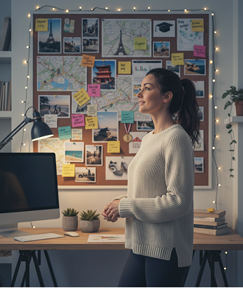 Woman at desk with vision board